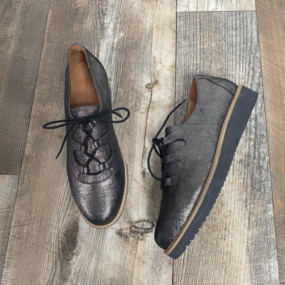 L’Amour Des Pieds Metallic Pewter Leather Platform Oxfords Ximena 10M